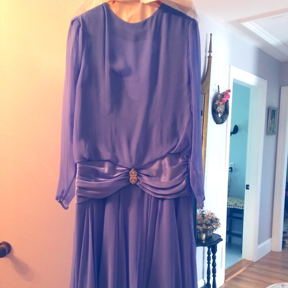 Vintage Blue Evening Gown/Satin & Rhinestone Sash